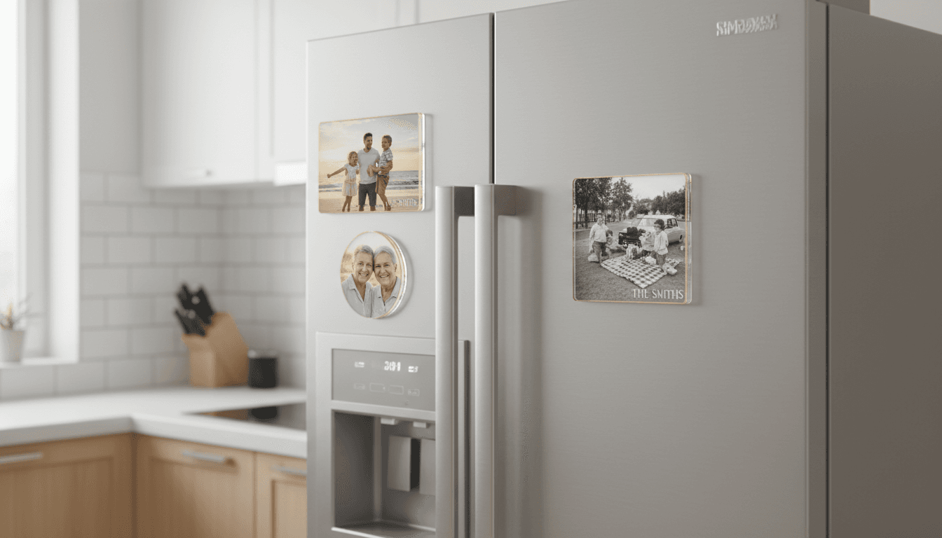 Elegant custom magnets displaying cherished family photos on modern minimalist refrigerator