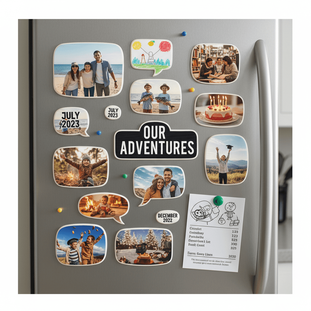 Multiple custom magnets displayed together on refrigerator