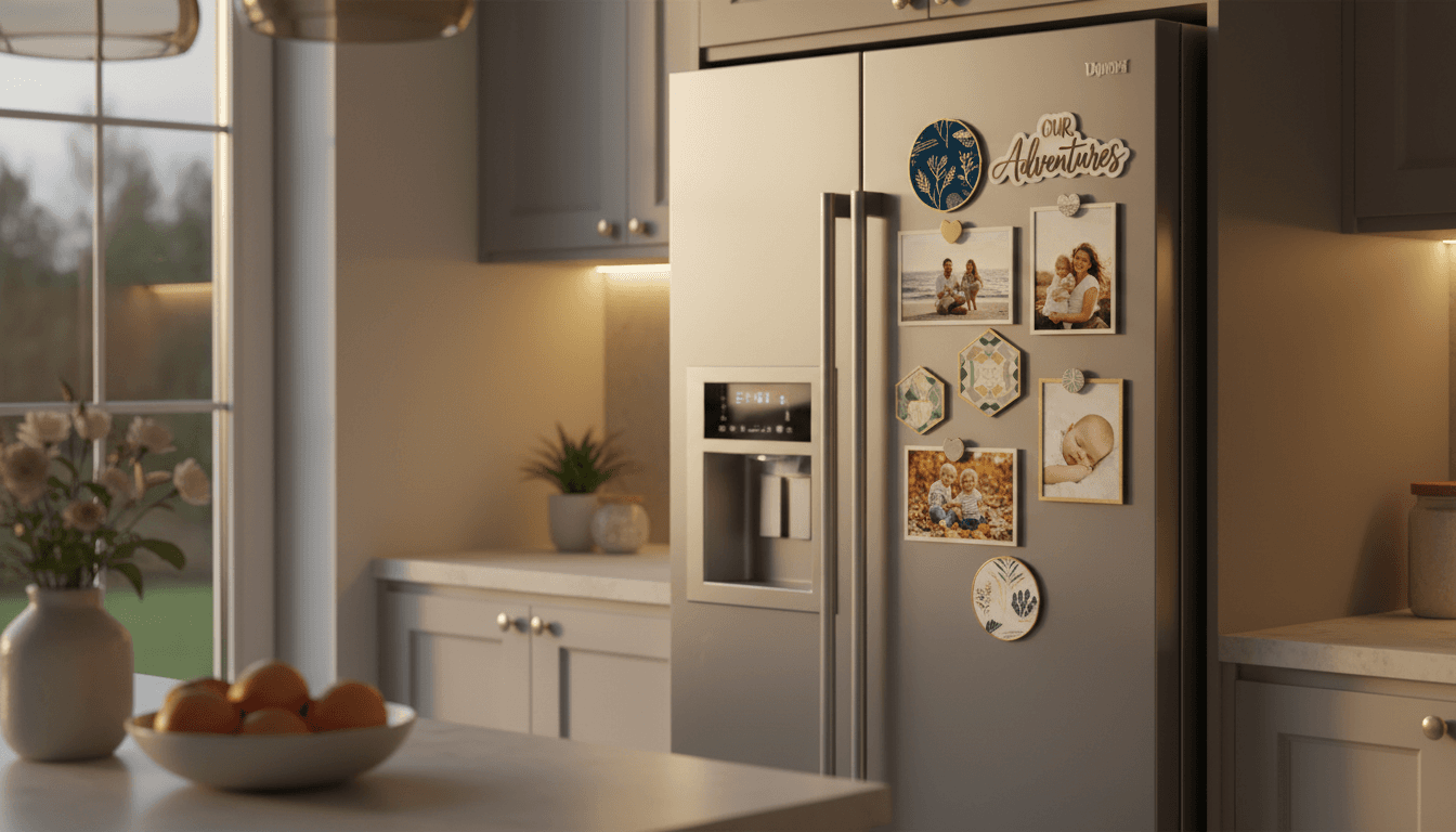 Beautiful custom magnets featuring family photos displayed on a modern refrigerator with warm natural light