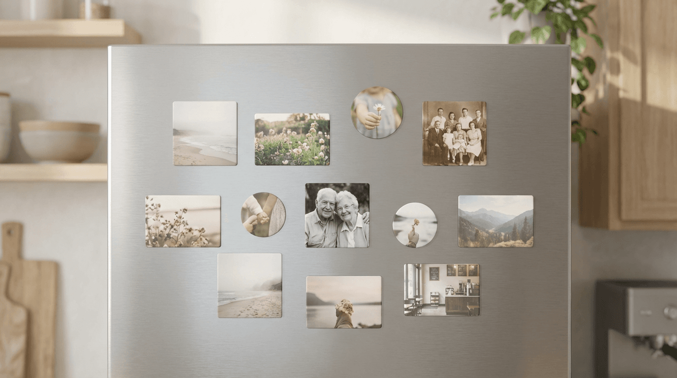 Custom magnet with family photo on refrigerator