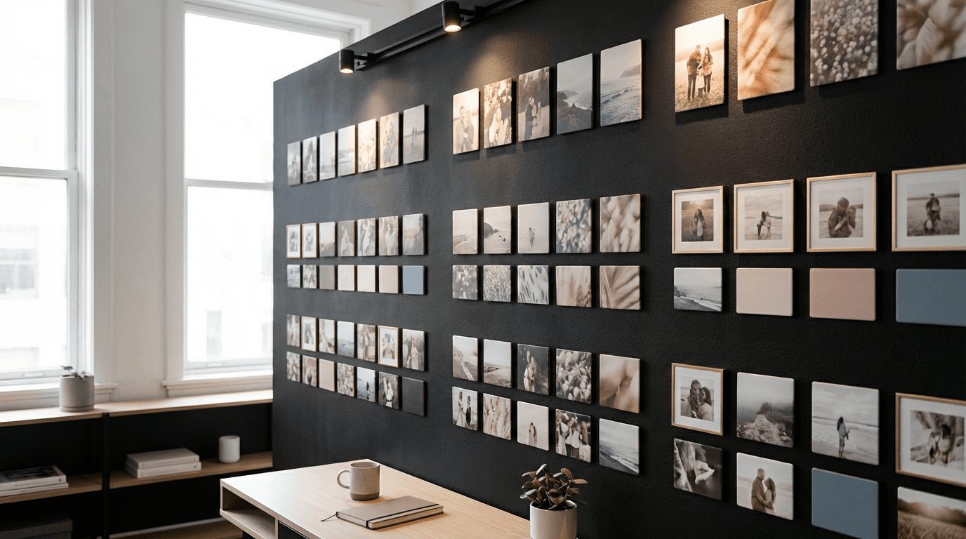 Custom magnets featuring family photos and pet memories displayed on a modern refrigerator